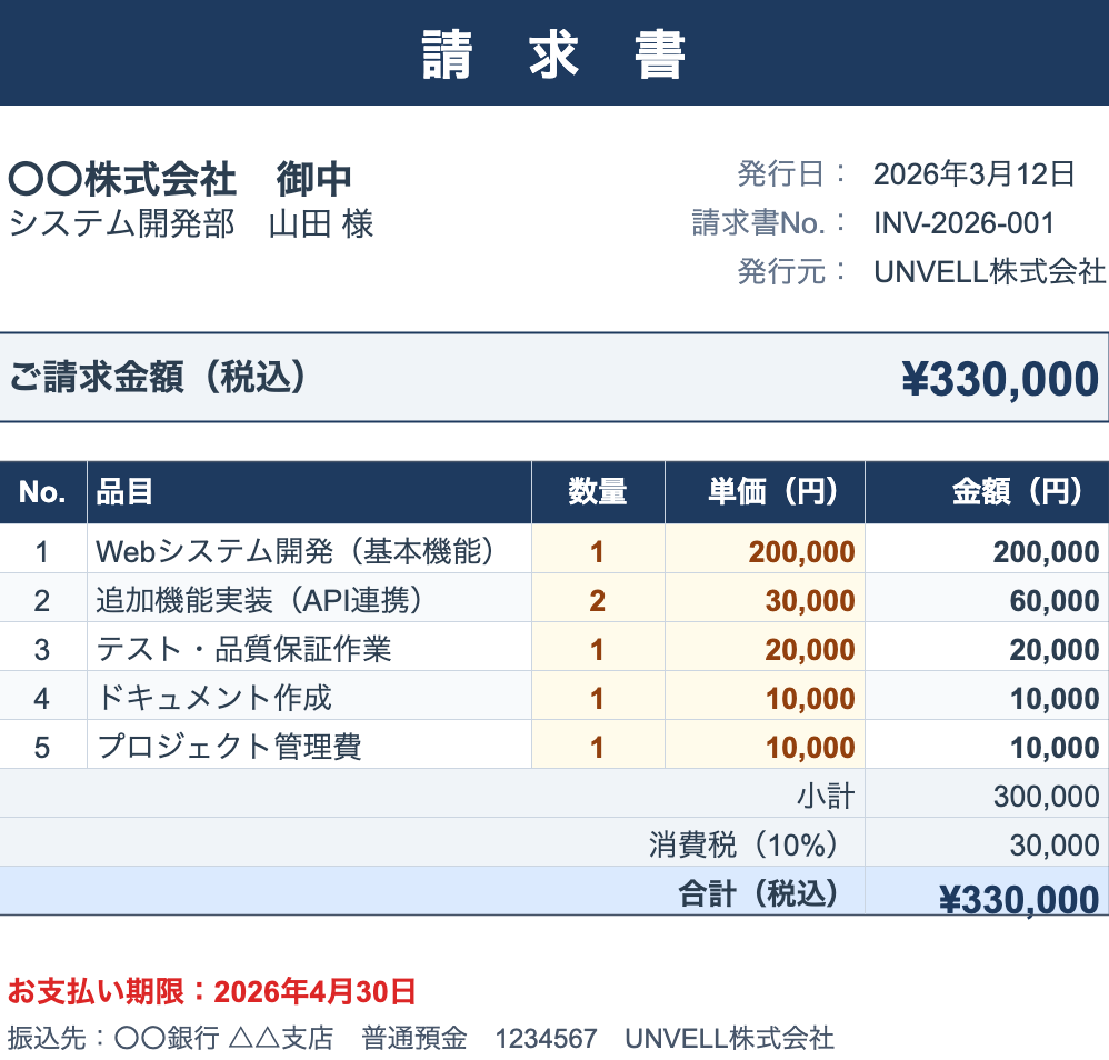 請求書サンプル — 数式エンジンによる自動計算